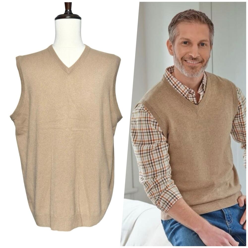 WoolOvers | Men | Merino Wool Cashmere Blend Beige Lightweight V-Neck Vest | XXL